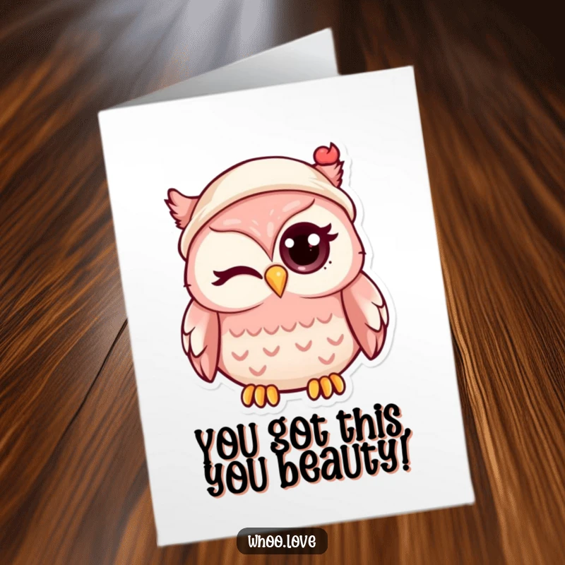Funny Free Printable Congratulations Card featuring a kawaii owl giving a knowing wink, its head topped with a minuscule hat.