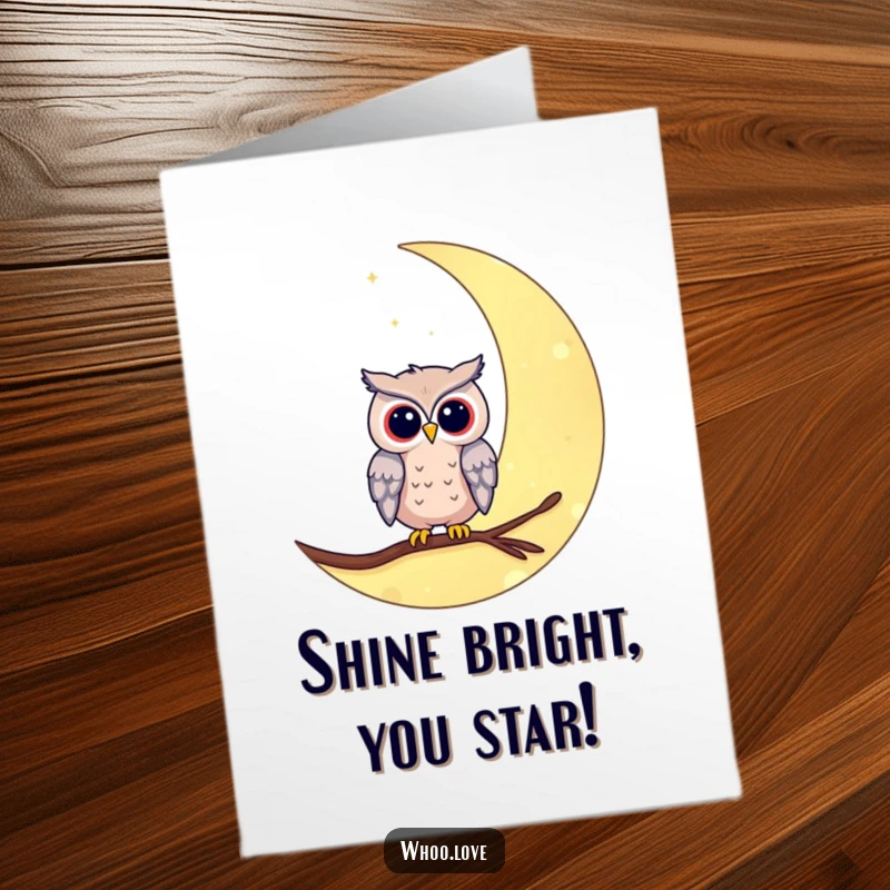 Free Printable Congratulations Card showing a wise owl character resting on a crescent moon, signifying achievement