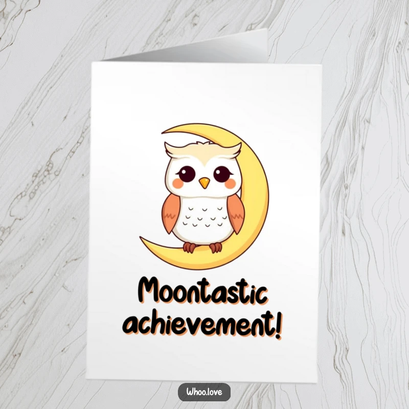Free Printable Congratulations Card with a smiling owl on a moon, a serene downloadable gift for celebrating peaceful achievements.