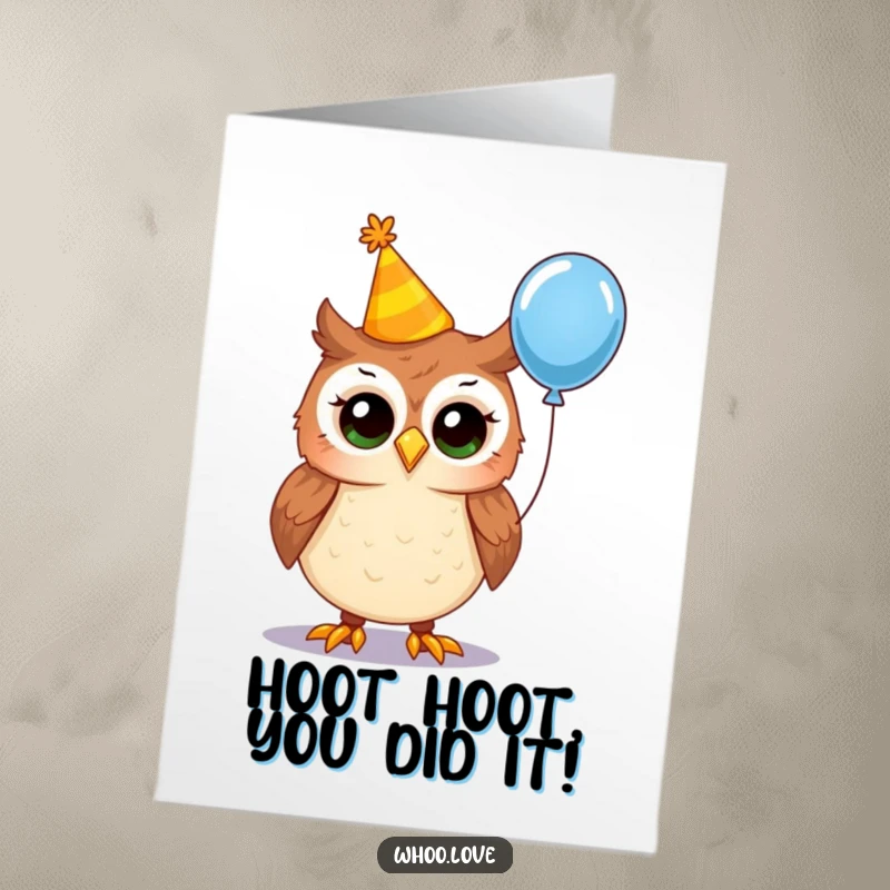 Funny Free Printable Congratulations Card: Owl wearing a tiny party hat and holding a balloon, a downloadable symbol of joy.