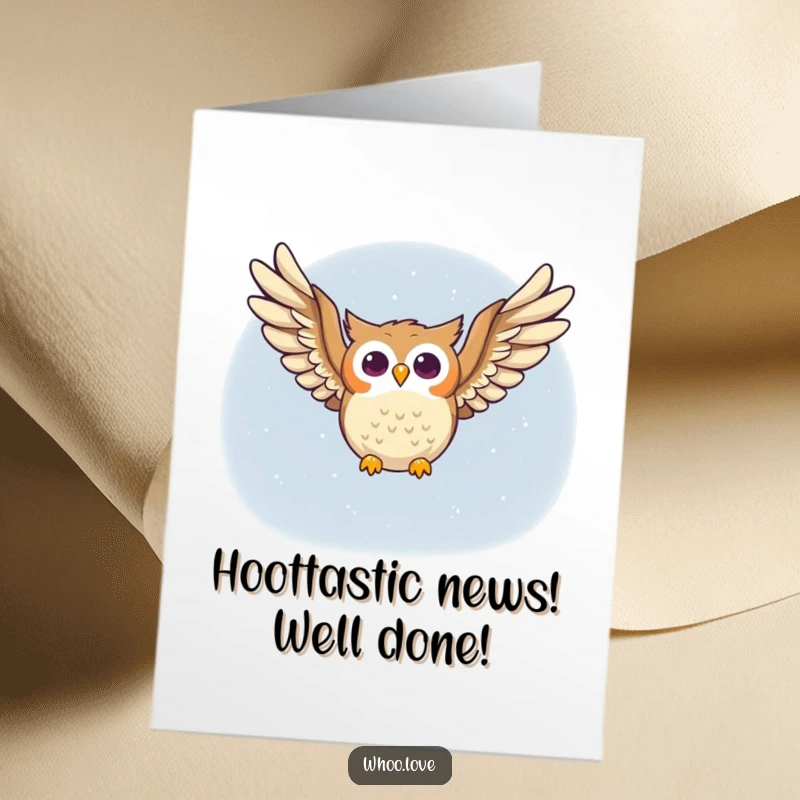 Funny Free Printable Congratulations Card: A happy owl soars through the night sky, symbolizing achievements and success. Easy to print.