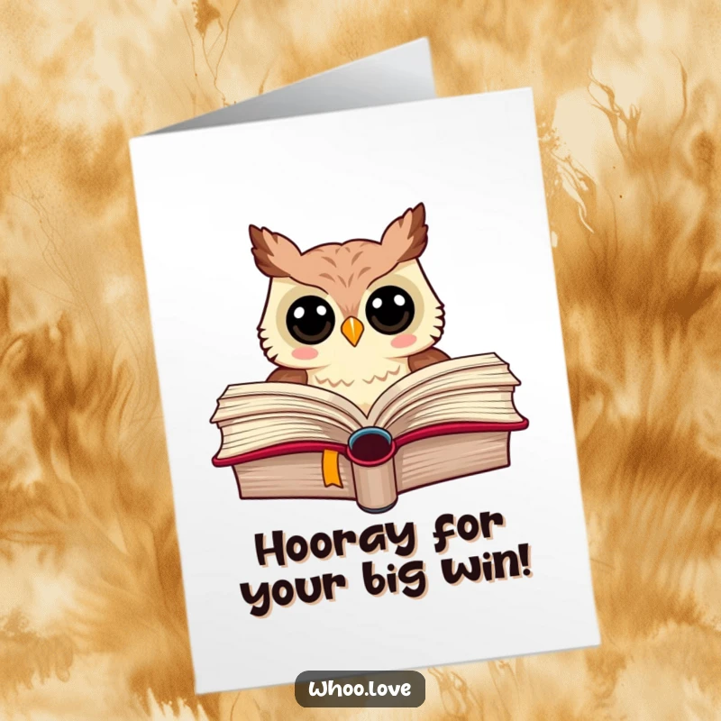 Funny free printable congratulations card: Knowledgeable owl peeks from behind a large book, offering heartfelt applause.