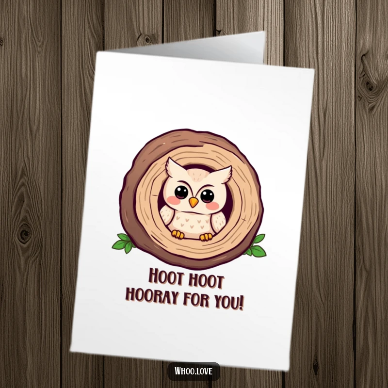 Funny Free Printable Congratulations Card: A shy kawaii owl peeks adorably from a hollow log with a gentle smile.