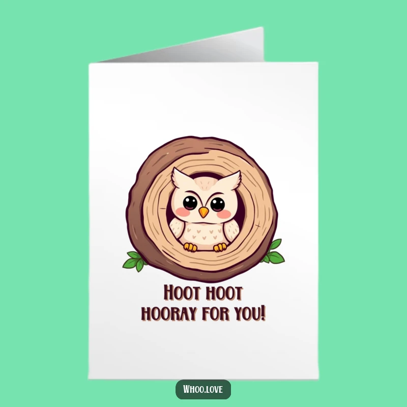 Free Printable Congrats Card: Shy Kawaii Owl in Log, Downloadable Sweet Success!