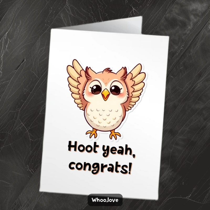 Funny Free Printable Congrats Card: Owl Character Enthusiastically Flapping Wings with a Huge, Happy Grin of Celebration