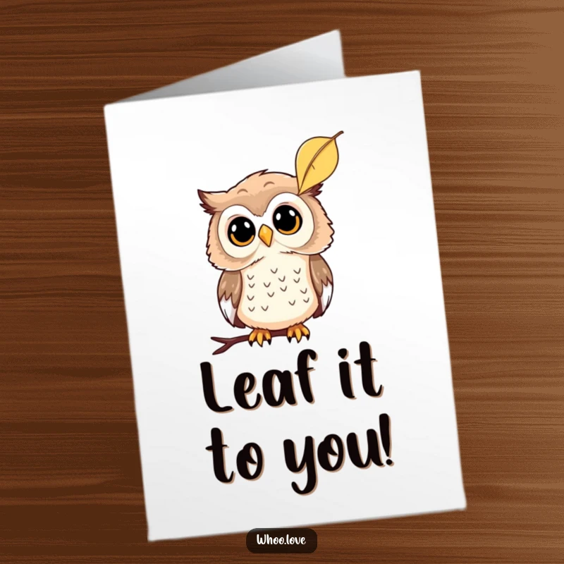 Free Printable Congratulations Card showing a curious owl observing a falling leaf, a thoughtful downloadable gift for new ventures.