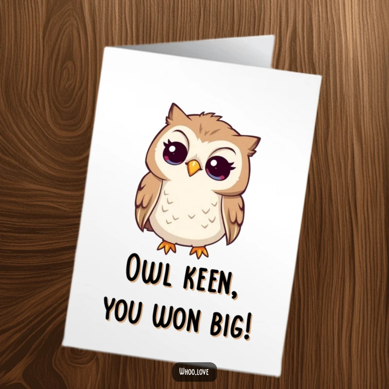 Funny free printable congratulations card featuring a curious owl tilting its head, attentively listening to the good news.