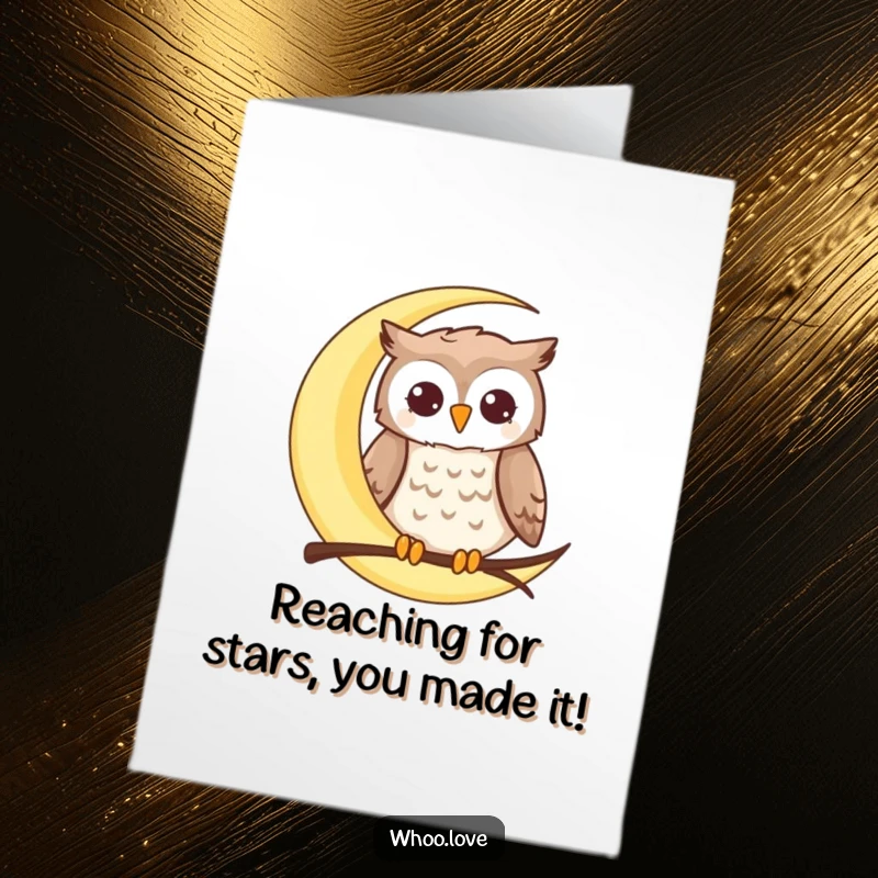 Funny Free Printable Congratulations Card showing a happy owl perched on a crescent moon, a peaceful downloadable art.