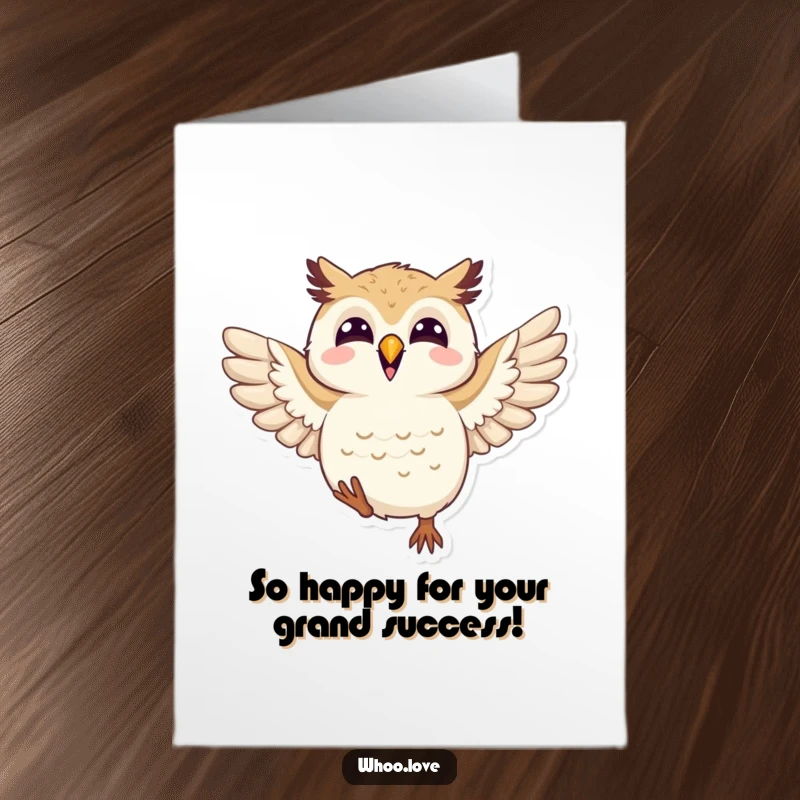Funny Free Printable Congratulations Card showing a joyful owl character flapping its wings ecstatically, a fun downloadable message.