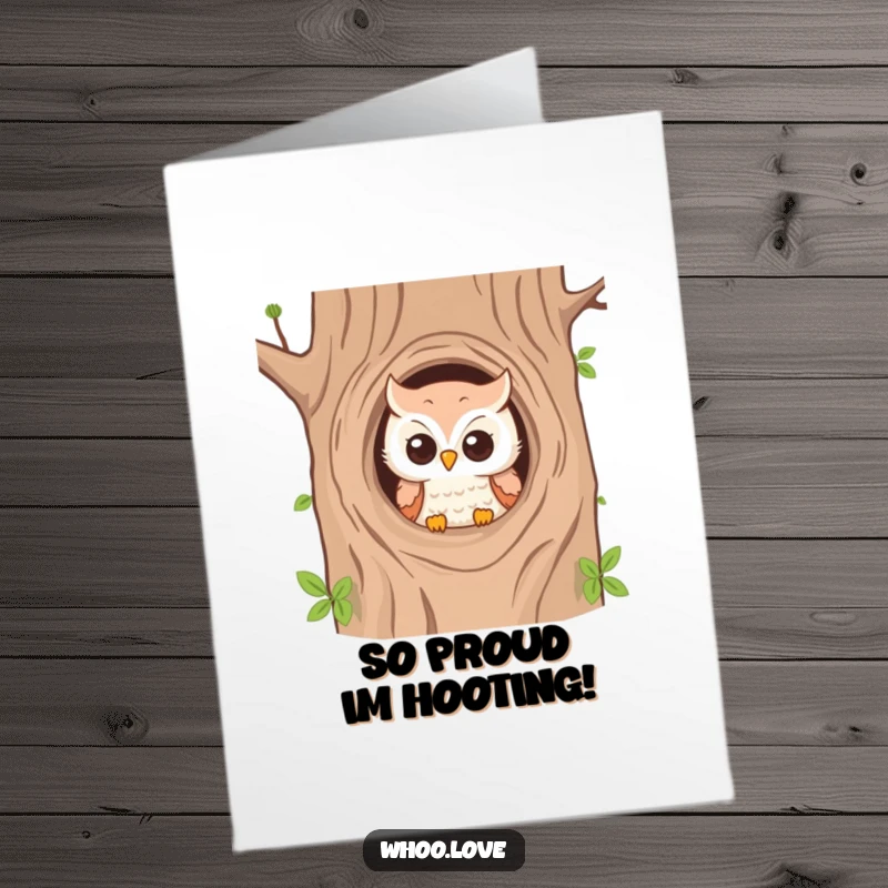 Funny free printable congratulations card: An owl curiously peeks from a tree hole, offering a playful congratulatory gesture.