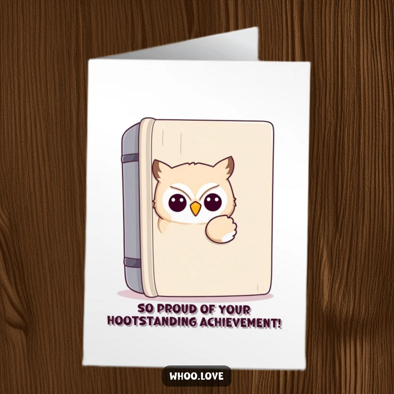 Funny Free Printable Congratulations Card with a cute kawaii owl peeking over a book, offering festive download art.