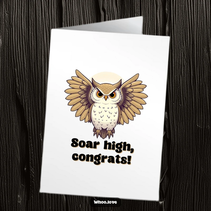 Funny Free Printable Congrats Card: Majestic owl with wings spread, silhouetted against a starry sky, accomplished and radiant.