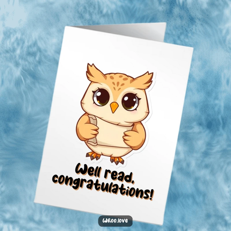 Funny Free Printable Congratulations Card with a studious owl holding a scroll, celebrating scholarly success.