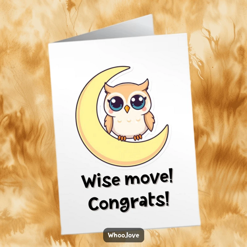 Funny Free Printable Congrats Card: Curious Owl with Large Eyes Sitting on a Crescent Moon, Observing the Night Sky