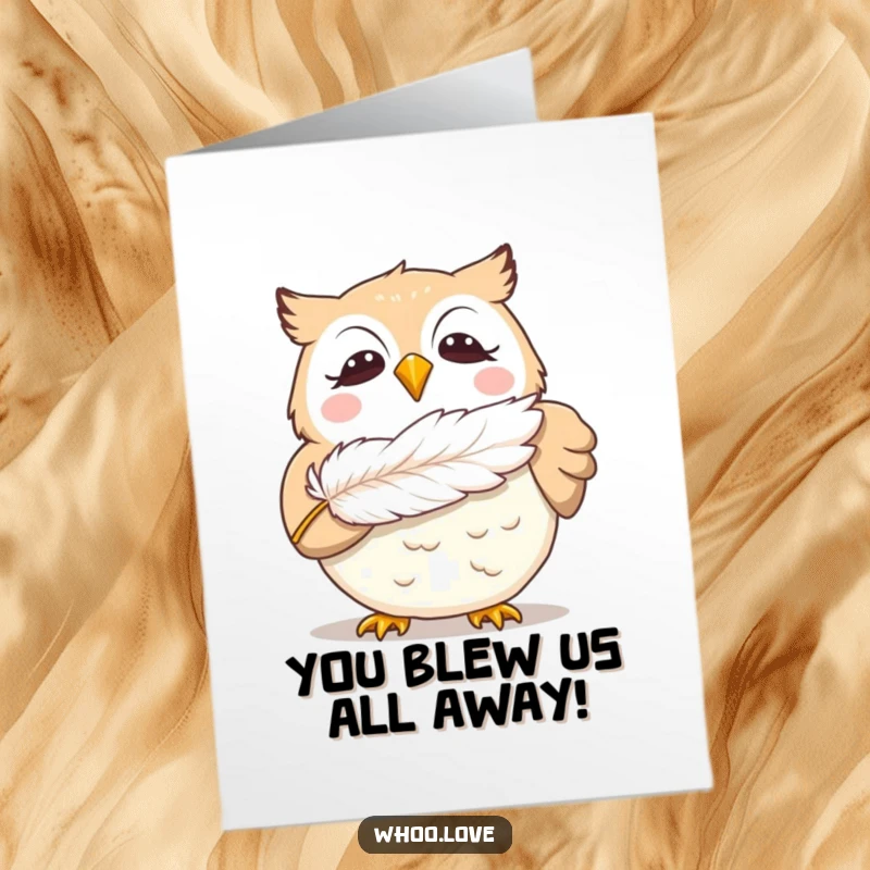 Funny Free Printable Congratulations Card: Giggling owl blowing a feather, a downloadable symbol of lighthearted celebration.