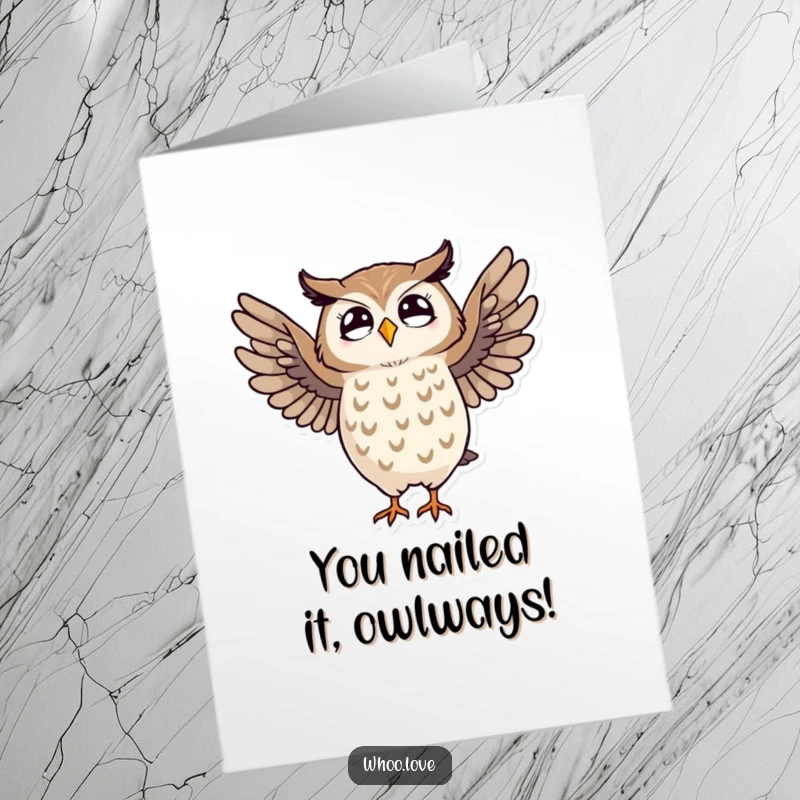 Funny Free Printable Congrats Card: Striped owl dancing joyfully, celebrating an achievement with a humorous, uplifting vibe.