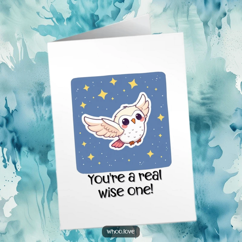 Funny Free Printable Congratulations Card: Joyful Owl Character Swooping Through the Night Sky, Celebrating a Big Achievement.