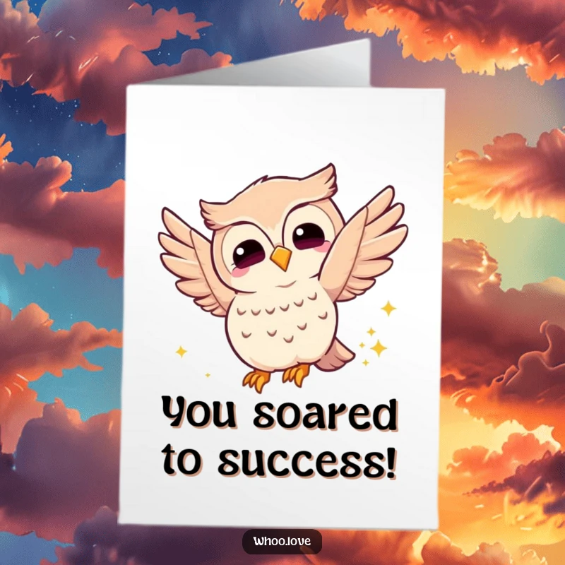 Funny Free Printable Congratulations Card: Owl joyfully fluttering wings, leaving a sparkly trail, a downloadable symbol of celebration.