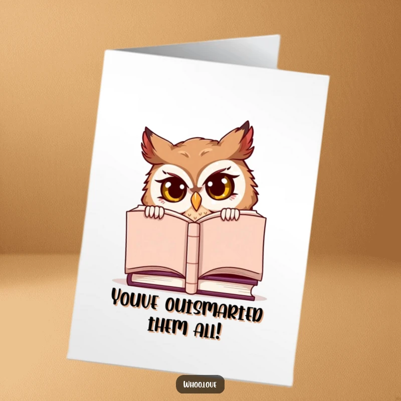 Funny Free Printable Congratulations Card: Mischievous owl peeking over a big book, revealing exciting news.