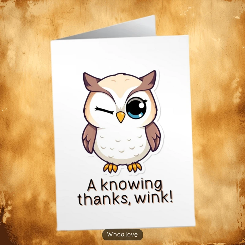 Funny Free Printable Thank You Card: An owl with a large eye winks mischievously, sharing secret thanks.