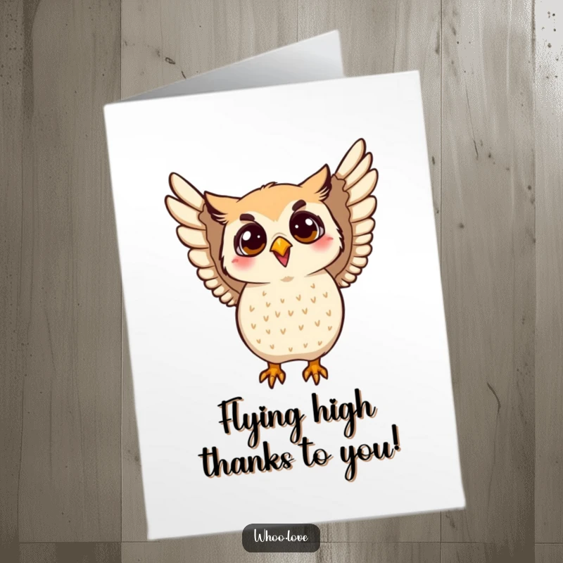 Funny Free Printable Thank You Card with an owl character flapping its wings joyfully to express gratitude
