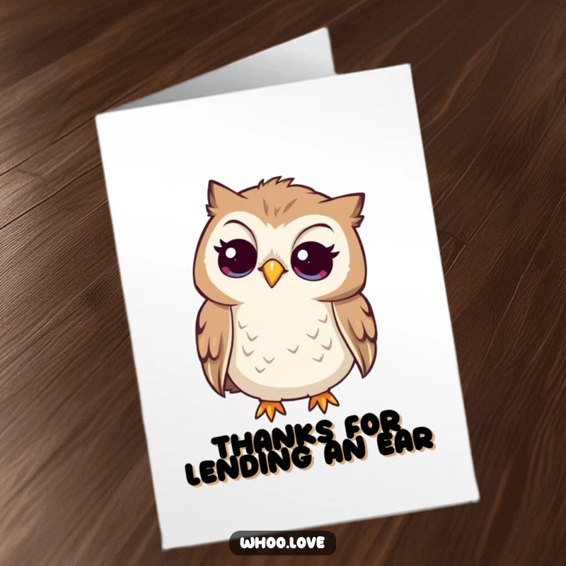 Funny free printable thank you card with a curious owl tilting its head, listening intently to express gratitude.