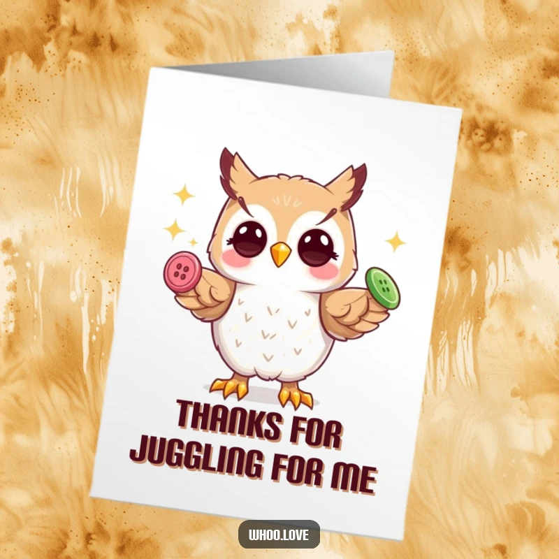 Funny free printable thank you card with a playful owl juggling shiny buttons, representing gratitude for handling tasks.