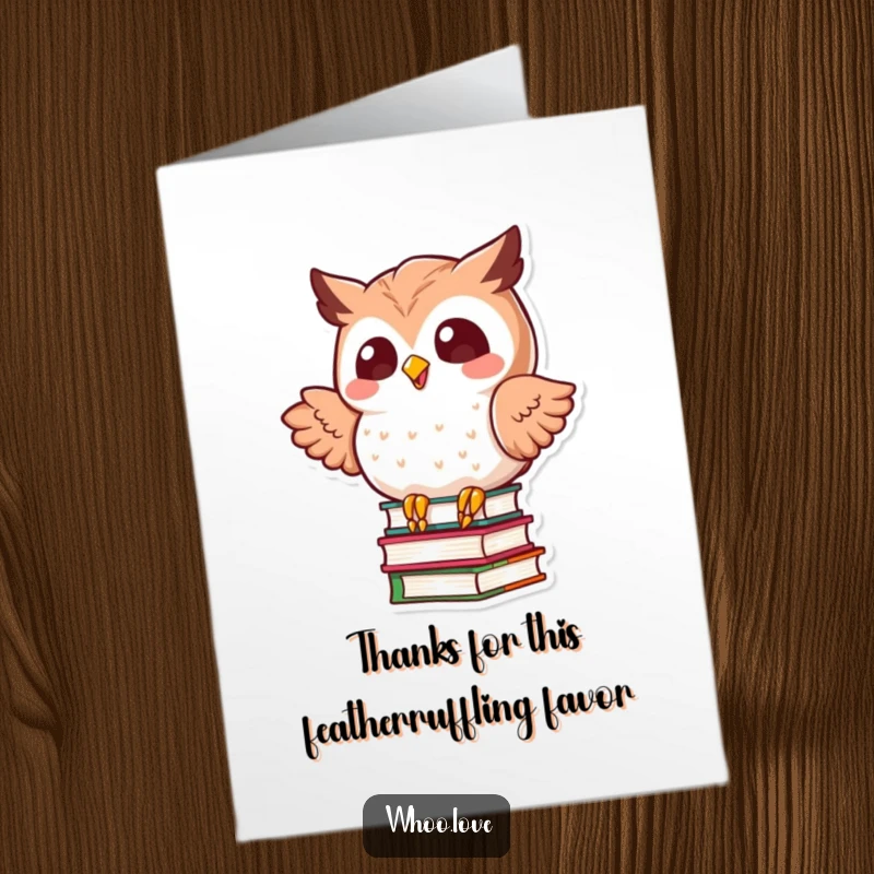 Funny Free Printable Thank You Card depicting a kawaii owl attempting to keep a large stack of books from toppling over.