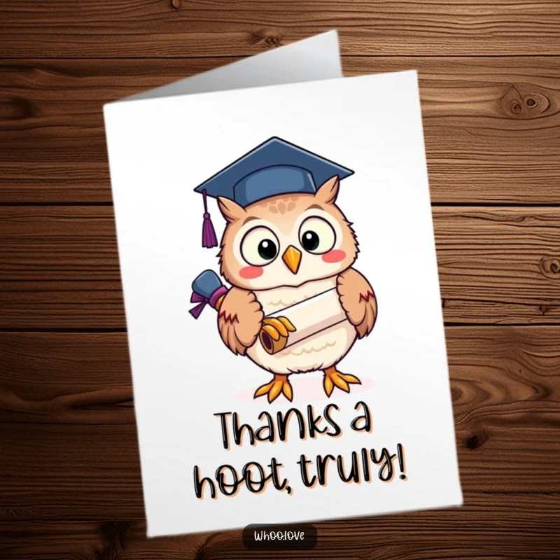 Funny Free Printable thank you card with an owl character clutching a graduation scroll, conveying sincere thanks with a quirky charm.