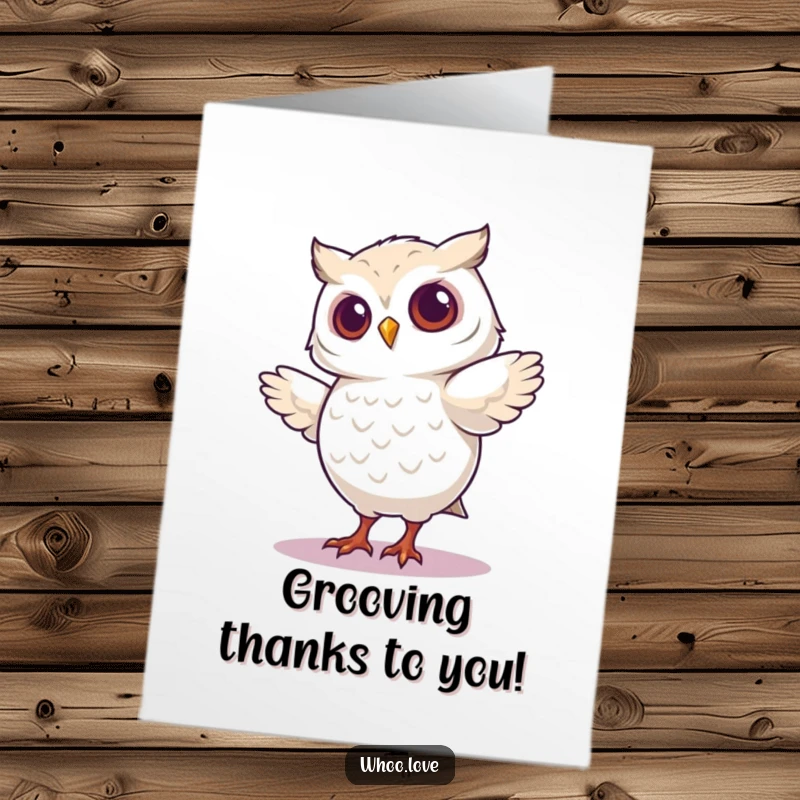 Funny Free Printable Thank You Card: An owl does a silly dance step, expressing thanks with energetic joy.