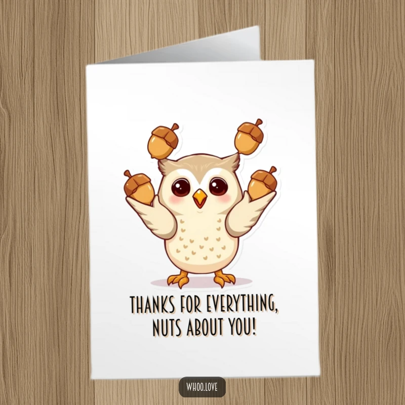 Free Printable Thank You Card: A giddy owl expertly juggling three shiny acorns, expressing thanks with a delightful and playful performance.