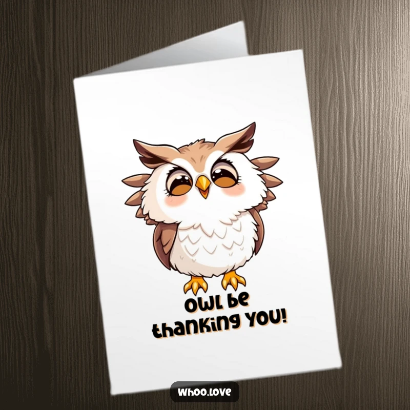 Funny Free Printable Thank You Card of an owl character hooting joyfully, feathers slightly ruffled, conveying thanks.