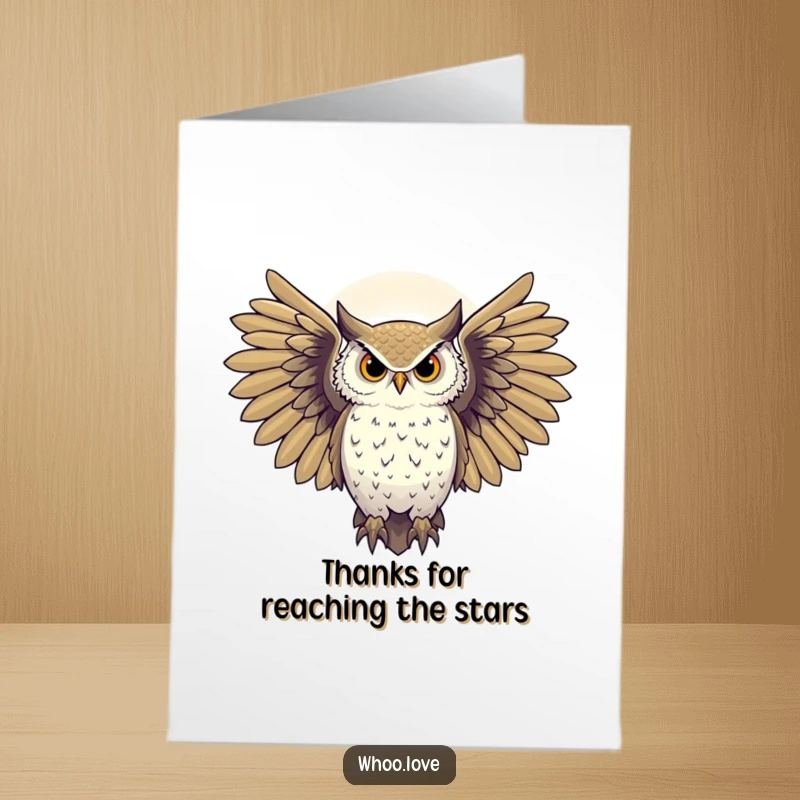 Funny Free Printable Thank You Card: Majestic owl with wings spread, silhouetted against a starry sky, deeply thankful.