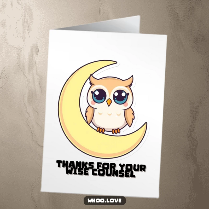 Funny Free Printable Thank You Card: Small Owl on a Crescent Moon, Looking Thoughtful and Expressing Quiet Thanks
