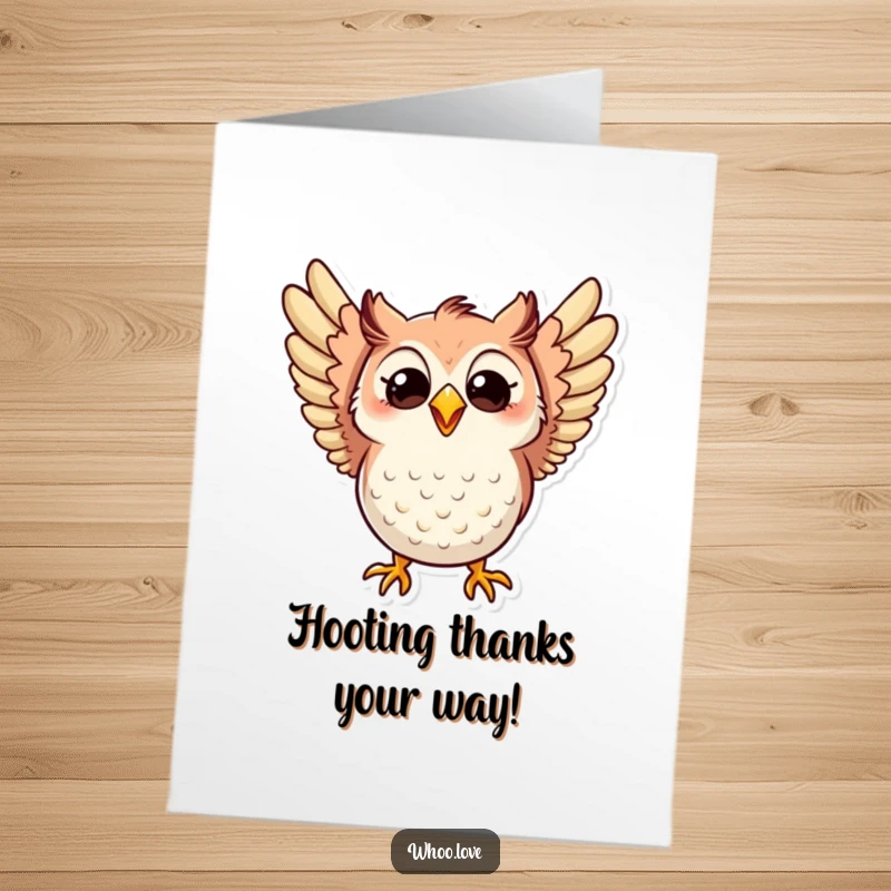 Funny Free Printable Thank You Card: Owl with Wings Outspread in Excitement and a Big Grin, Conveying Gratitude
