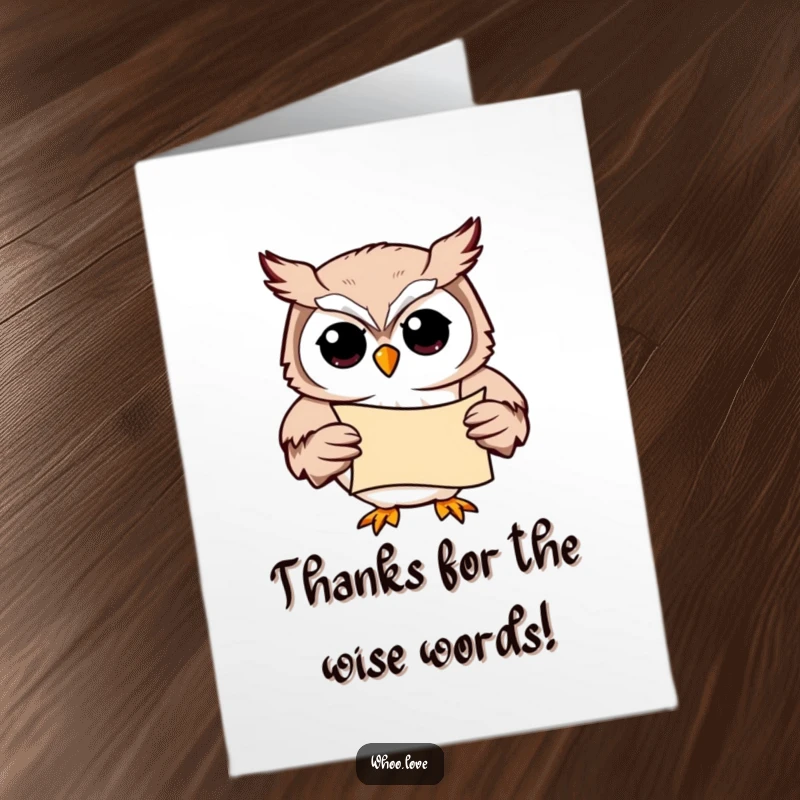 Funny Free Printable Thank You Card: A studious owl holds a scroll, conveying knowledgeable and heartfelt thanks.