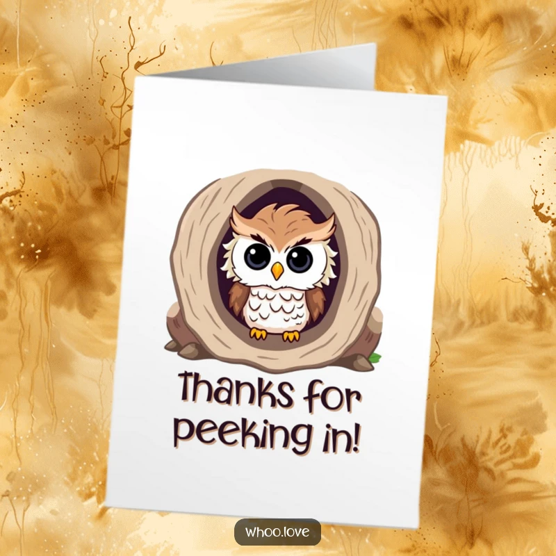 Funny Free Printable Thank You Card: Curious owl with ruffled feathers peeking out from a hollow log, showing playful gratitude.
