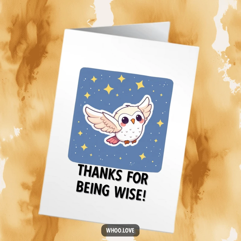 Funny Free Printable Thank You Card: An Owl Character Joyfully Swooping Through a Starry Night, Expressing Sincere Thanks.