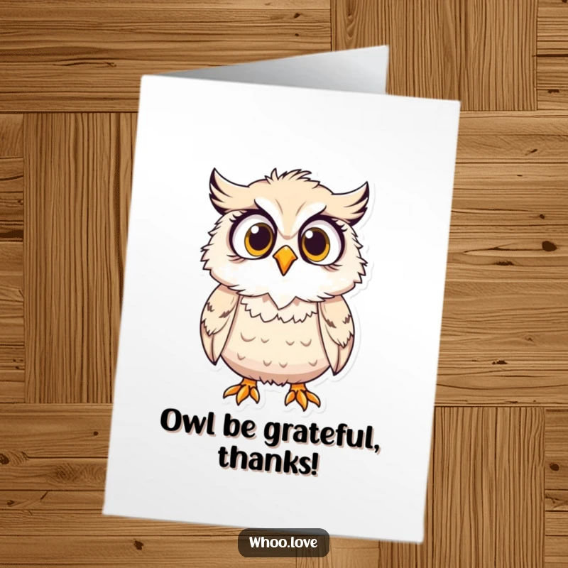 Funny Free Printable Thank You Card: Surprised owl with wind-blown feathers, looking taken aback by thanks.