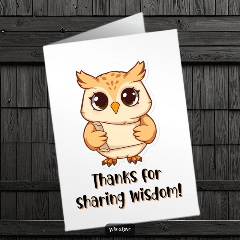 Funny Free Printable Thank You Card featuring a studious owl holding a scroll, expressing wise gratitude.