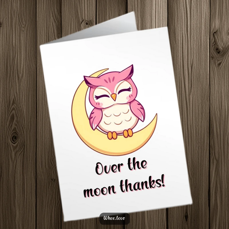 Funny Free Printable Thank You Card with a winking owl on a moon, conveying appreciation with humor.