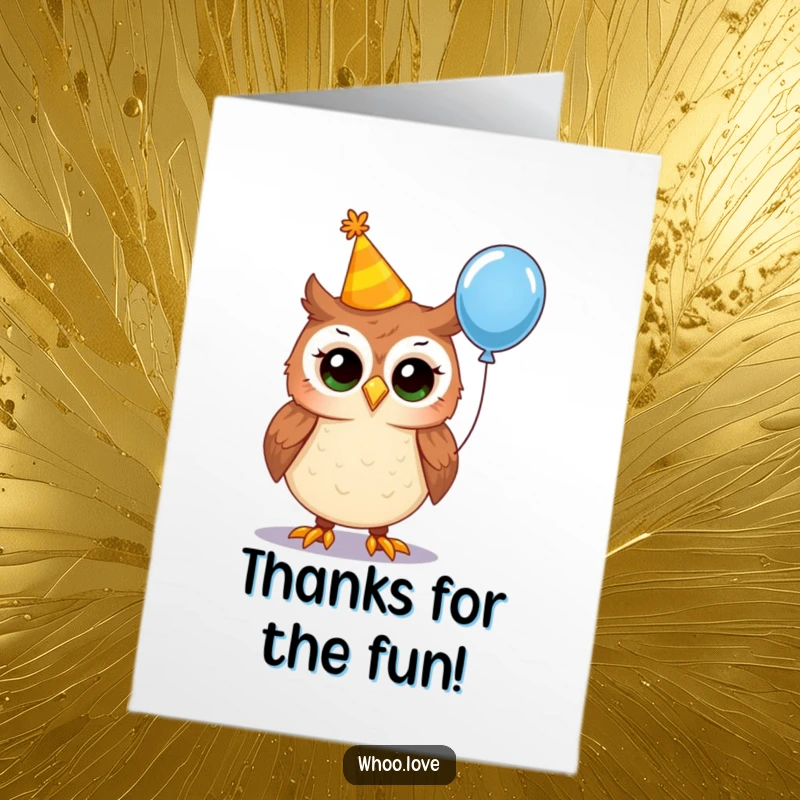 Funny Free Printable Thank You Card: Owl with a crooked party hat and balloon, a downloadable expression of thanks.