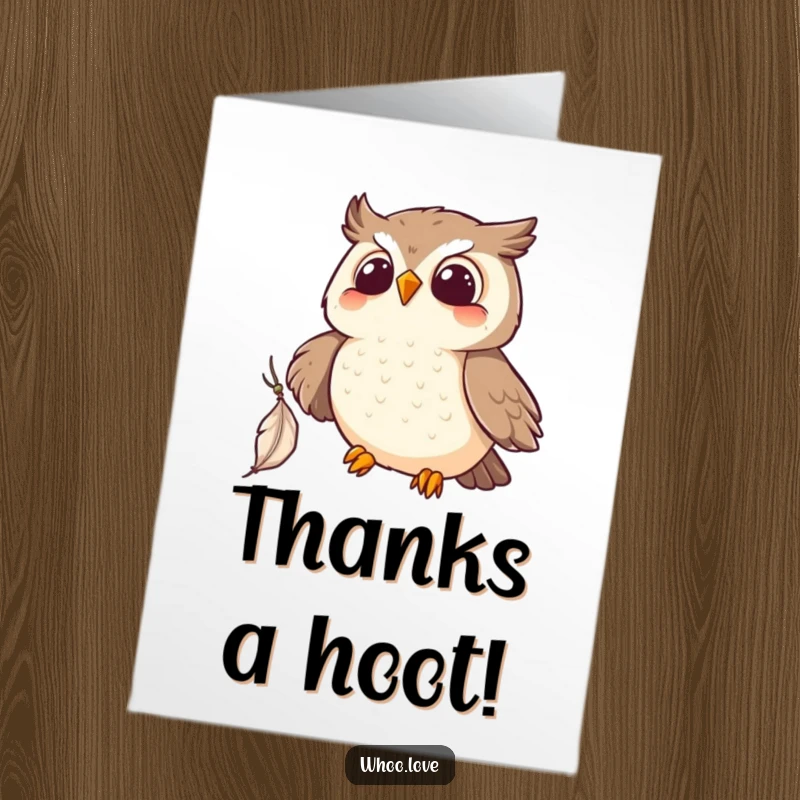 Funny Free Printable Thank You Card: Whimsical kawaii owl heroically catches a floating feather, expressing thanks.