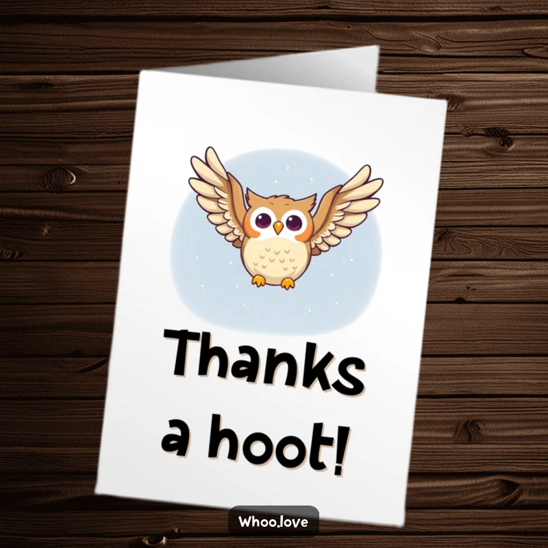 Funny Free Printable Thank You Card: A cheerful owl glides through the night sky, conveying thanks with a joyful spirit. Downloadable.