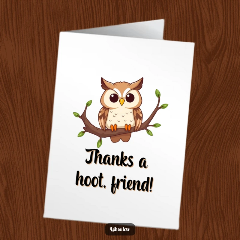 Funny Free Printable Thank You Card: Curious owl on a branch, head cocked, showing gratitude with a touch of whimsy.
