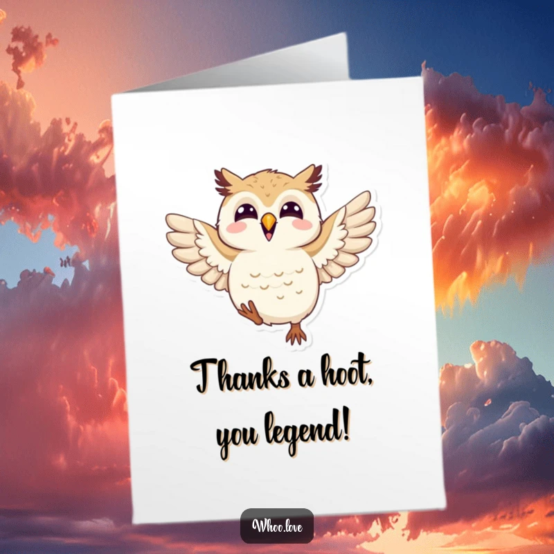 Funny Free Printable Thank You Card of a joyful owl character flapping its wings in happiness, a cute downloadable art.