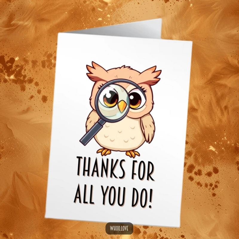 Funny Free Printable Thank You Card: Curious kawaii owl peers through a magnifying glass to show thanks.