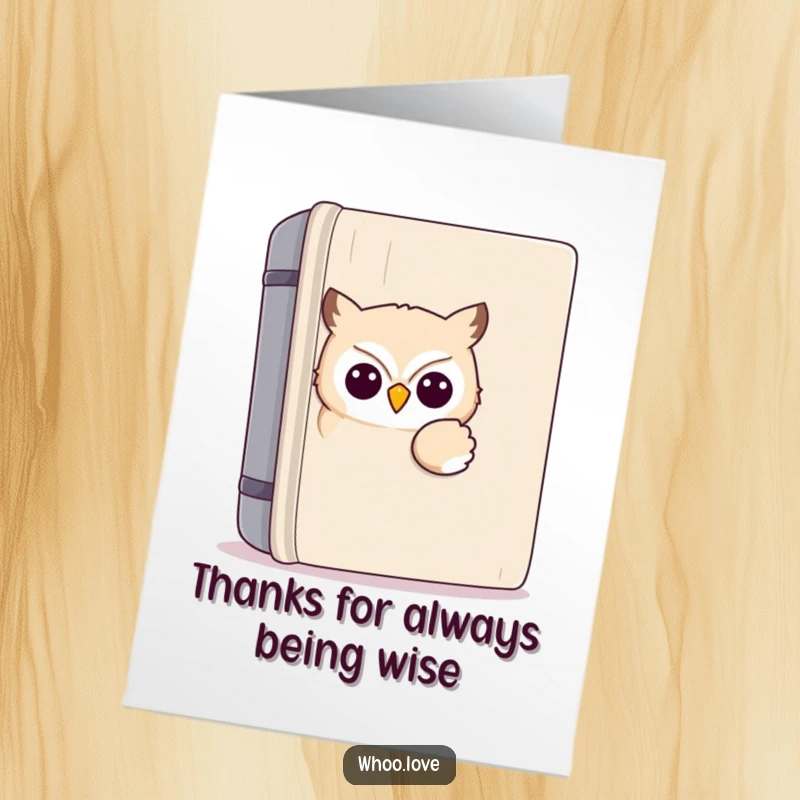 Funny Free Printable Thank You Card showing a kawaii owl peeking from behind a book, perfect for downloadable appreciation art.