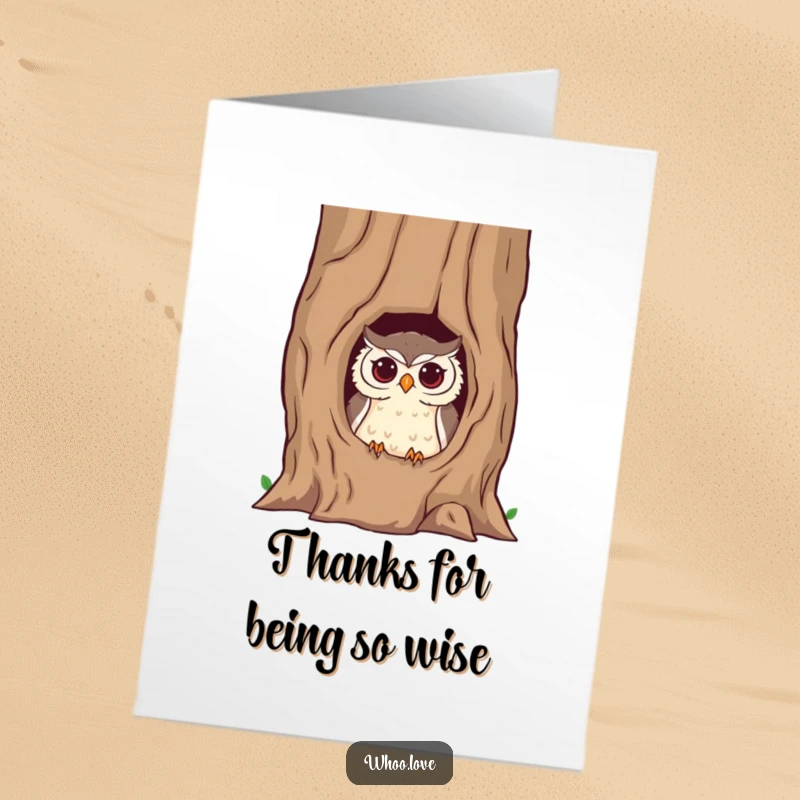 Funny Free Printable Thank You Card: A mischievous owl peeks from a tree hole, offering thanks with a playful wink. Downloadable.