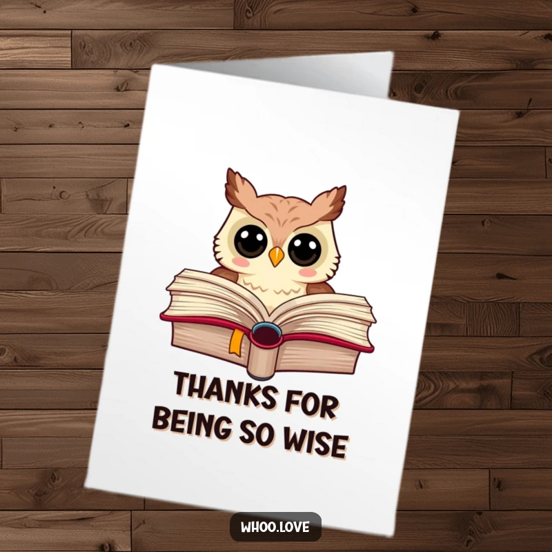 Funny free printable thank you card: A curious owl emerges from behind a massive book, conveying sincere thanks.